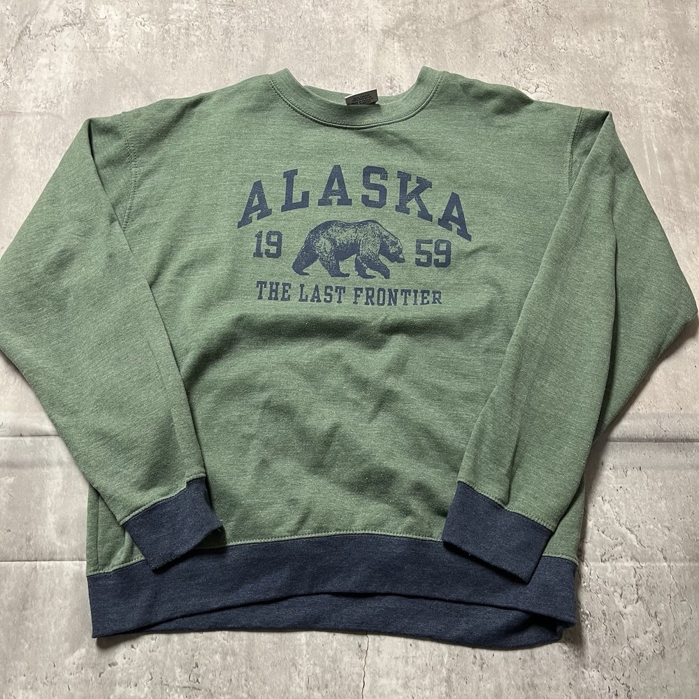 Prairie Mountain Alaska The Last Frontier Embroidered Green Sweatshirt Men Large